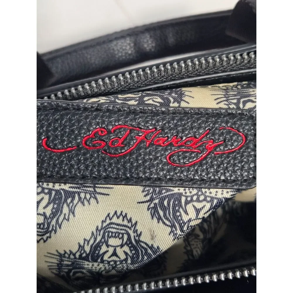 Ed Hardy Vintage Tattoo Print Satchel Bag | Black Rose Skull Y2K Handbag | EUC